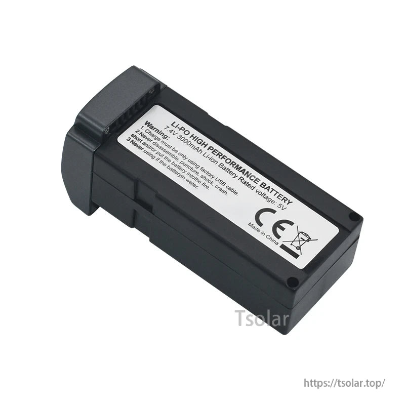 LYZRC L600 Pro Drone Battery, 7.4V 3000mAh Li-ion battery, 5V rated, for use with factory USB cable only. Do not damage or expose to elements. CE marked, made in China.