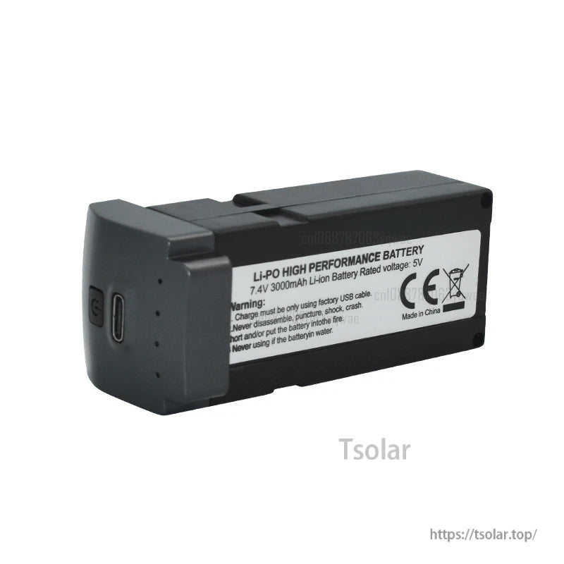 LYZRC L600 Pro Drone Battery, 7.4V 3000mAh Li-ion battery, USB-charged, CE-certified, sleek black design. Avoid damage, water, fire. Complies with safety standards. Made in China.
