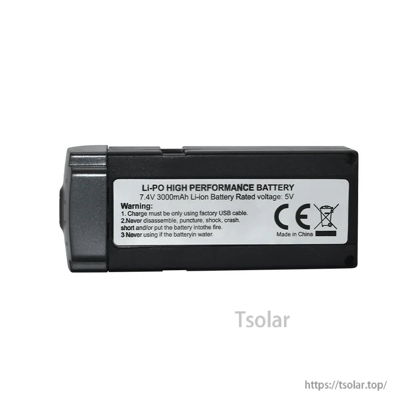 LYZRC L600 Pro Drone Battery, High-performance 7.4V 3000mAh LI-PO battery; use only factory USB cable for charging. Avoid damage, fire, or water. Do not disassemble. Made in China.