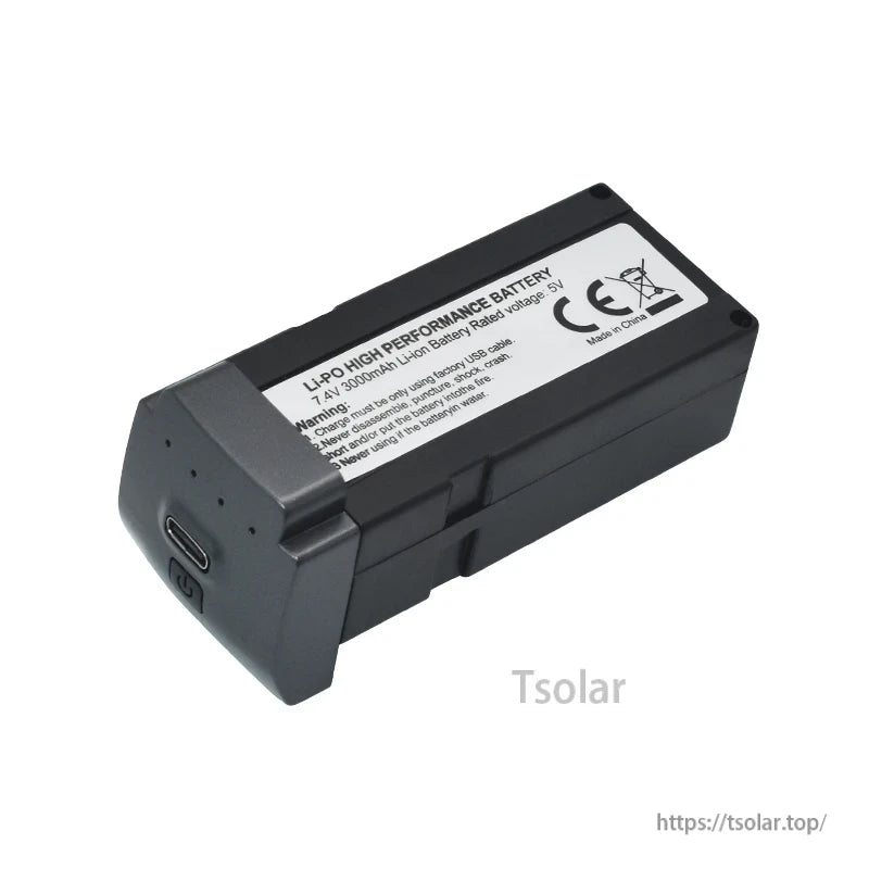 LYZRC L600 Pro Drone Battery, 7.4V 3000mAh Li-ion battery, 5V output. Use only factory USB cable. Do not disassemble, puncture, or expose to fire. CE certified. Made in China.