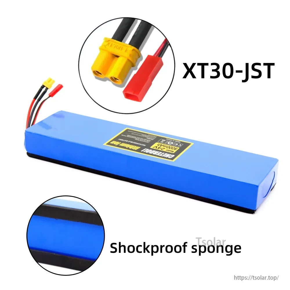 Li-ion Rechargeable Battery, 8000mAh Li-ion battery with XT30-JST connector, dual wires, shockproof sponge, and blue casing for durable power supply.