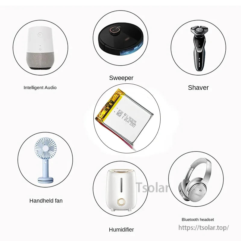 The Lipo Battery 503035 powers audio devices, sweepers, shavers, fans, humidifiers, and headsets.