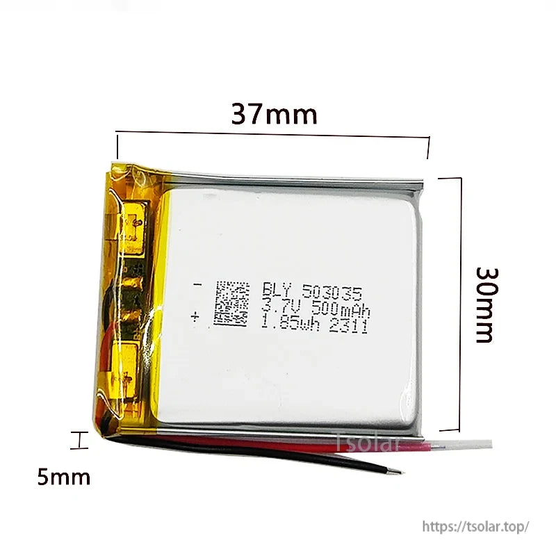 Lipo Battery 503035, Lithium polymer battery for various devices such as cameras, speakers, and recorders.