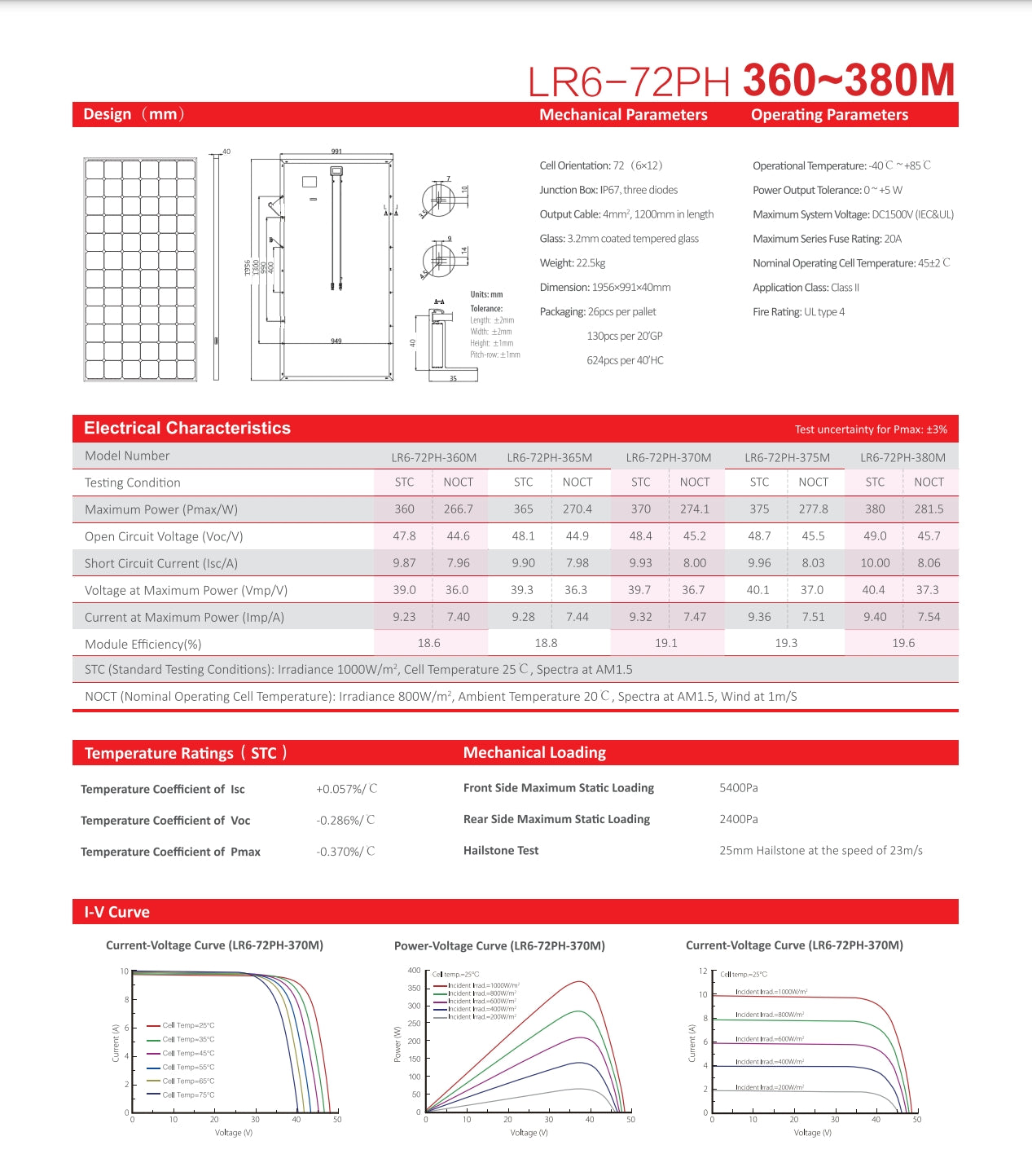 The LonGi 365W Solar Panel Product Information LR6-72PH features 360-380 watt cells and a range of specifications for performance, safety, and environmental conditions.