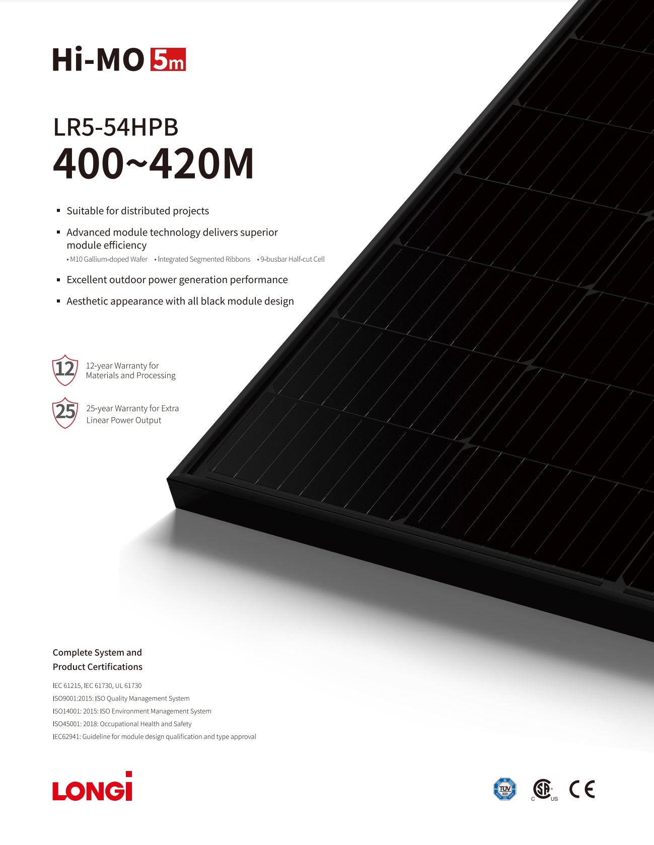 LonGi 405W Solar Panel, Longi LR5-54HPB solar panel features advanced module technology for superior efficiency, aesthetic design, and certifications.