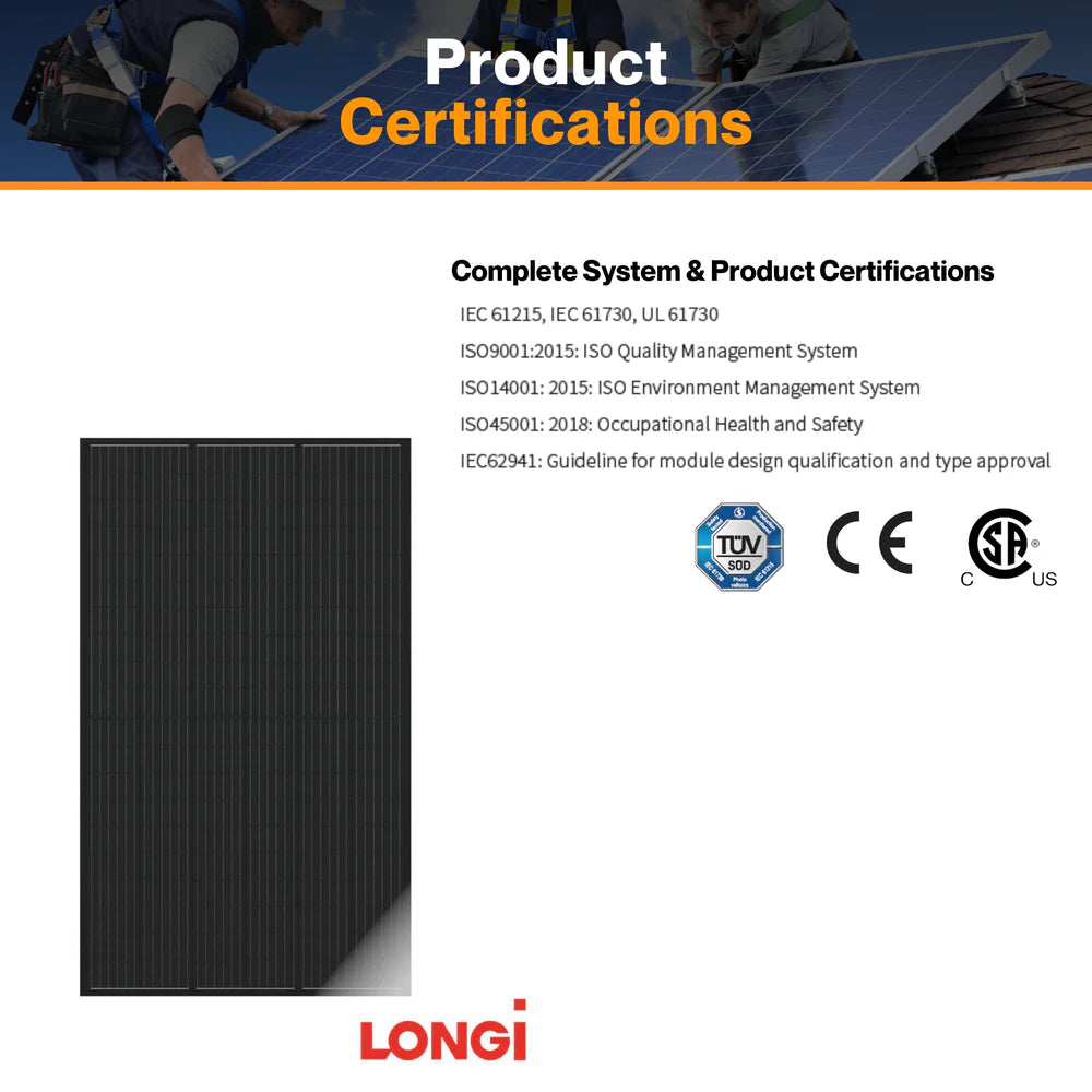 The LonGi 405W Solar Panel has multiple certifications including IEC, UL, ISO, and meets module design qualifications.