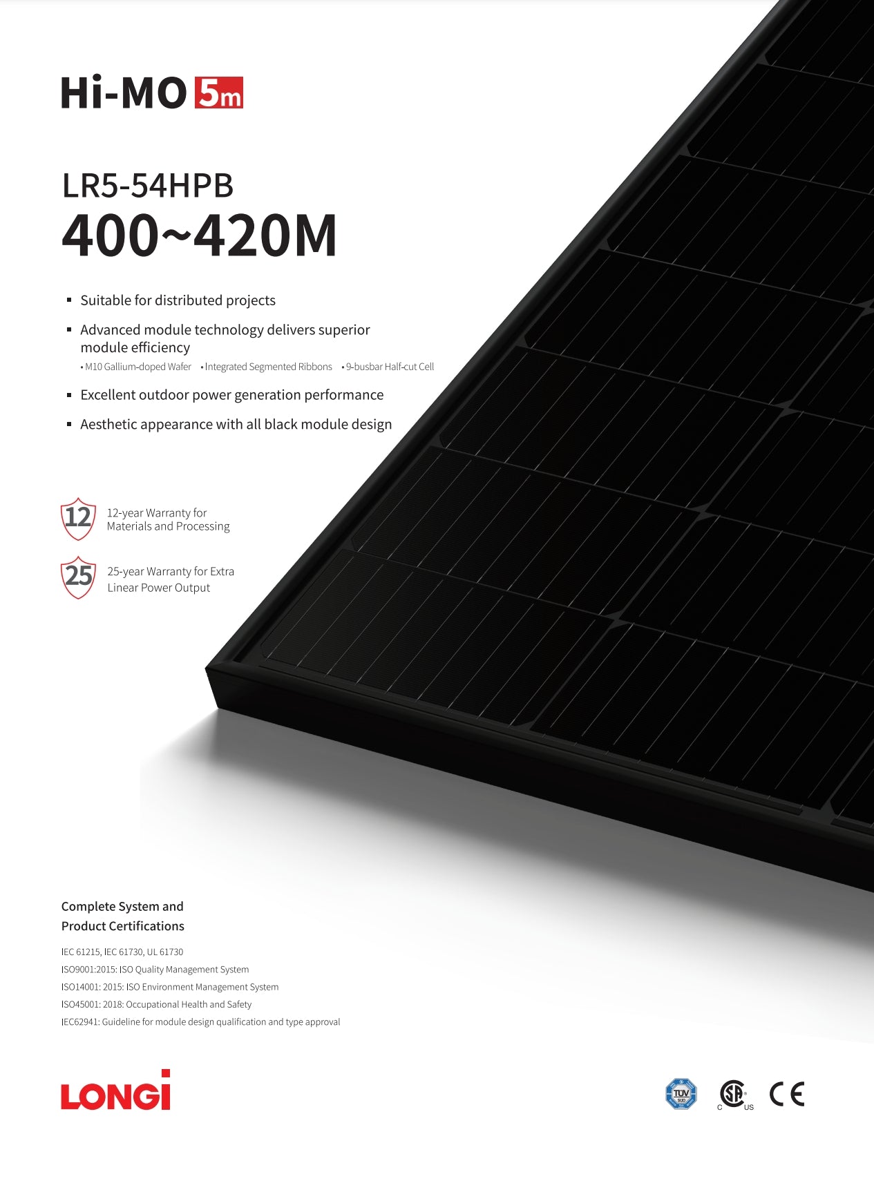 LonGi 410W Solar Panel, Longi LR5-54HPB solar panel features advanced module technology for superior efficiency and outdoor power generation performance with a 12-year warranty.