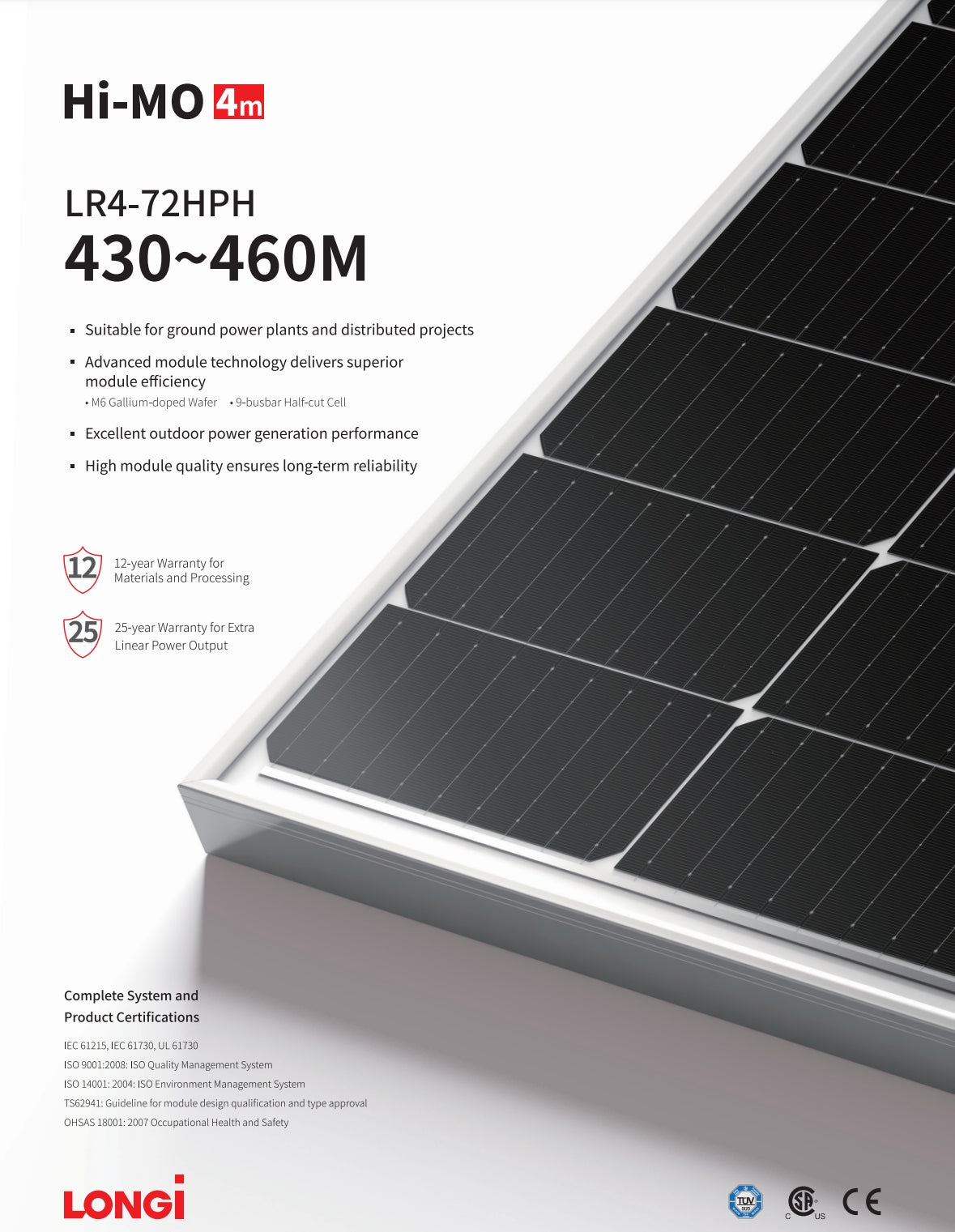 Longi 445W Solar Panel with Hi-MO Advanced module technology for ground power plants and distributed projects.