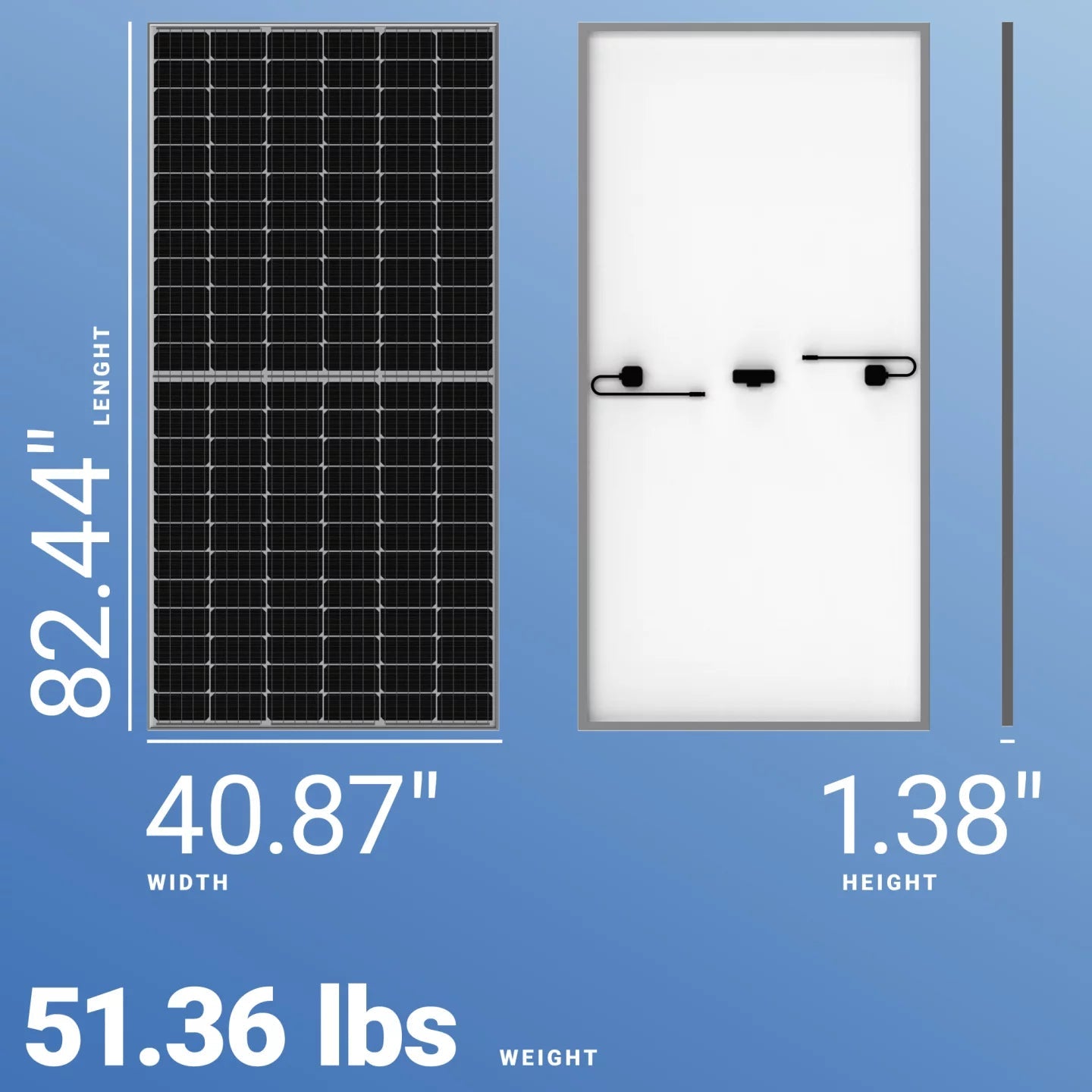 Product image of LonGi 445W Solar Panel HR4-72HPH features dimensions: 7" x 8", with a weight of approximately 40.87 lbs.