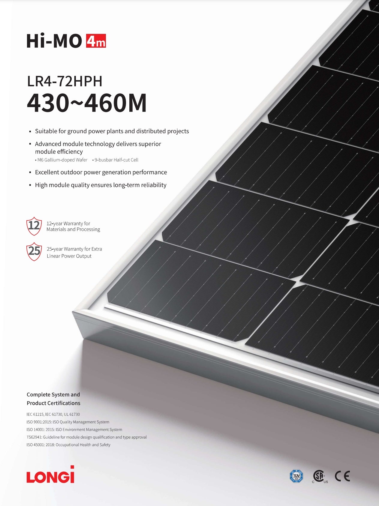 The LonGi 460W Solar Panel features advanced module technology for high efficiency, long-term reliability, and excellent outdoor performance with a 12-year material warranty.