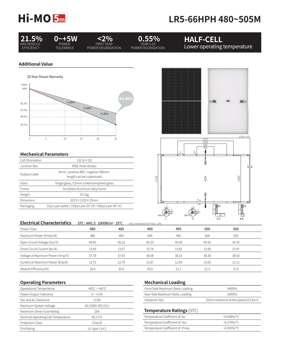LonGi 485W Solar Panel, Solar panel features high-efficiency module with 485W maximum power output, temperature coefficients, and degradation rates, along with a 25-year power warranty.