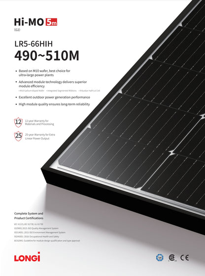 LonGi 510W Solar Panel (HR5-66HIH 490~510M)