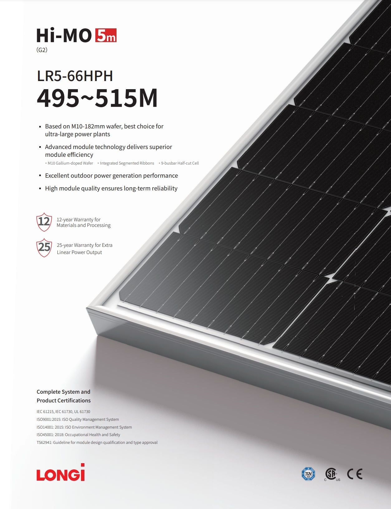 LonGi 515W Solar Panel, Solar panel with Hi-MO Em technology, high efficiency, and 9-busbar design, backed by 12-year material warranty and 25-year power output guarantee.