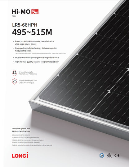 The LonGi 515W Solar Panel is a high-performance module designed for ultra-large power plants with advanced technology and a M1O-182mm wafer.