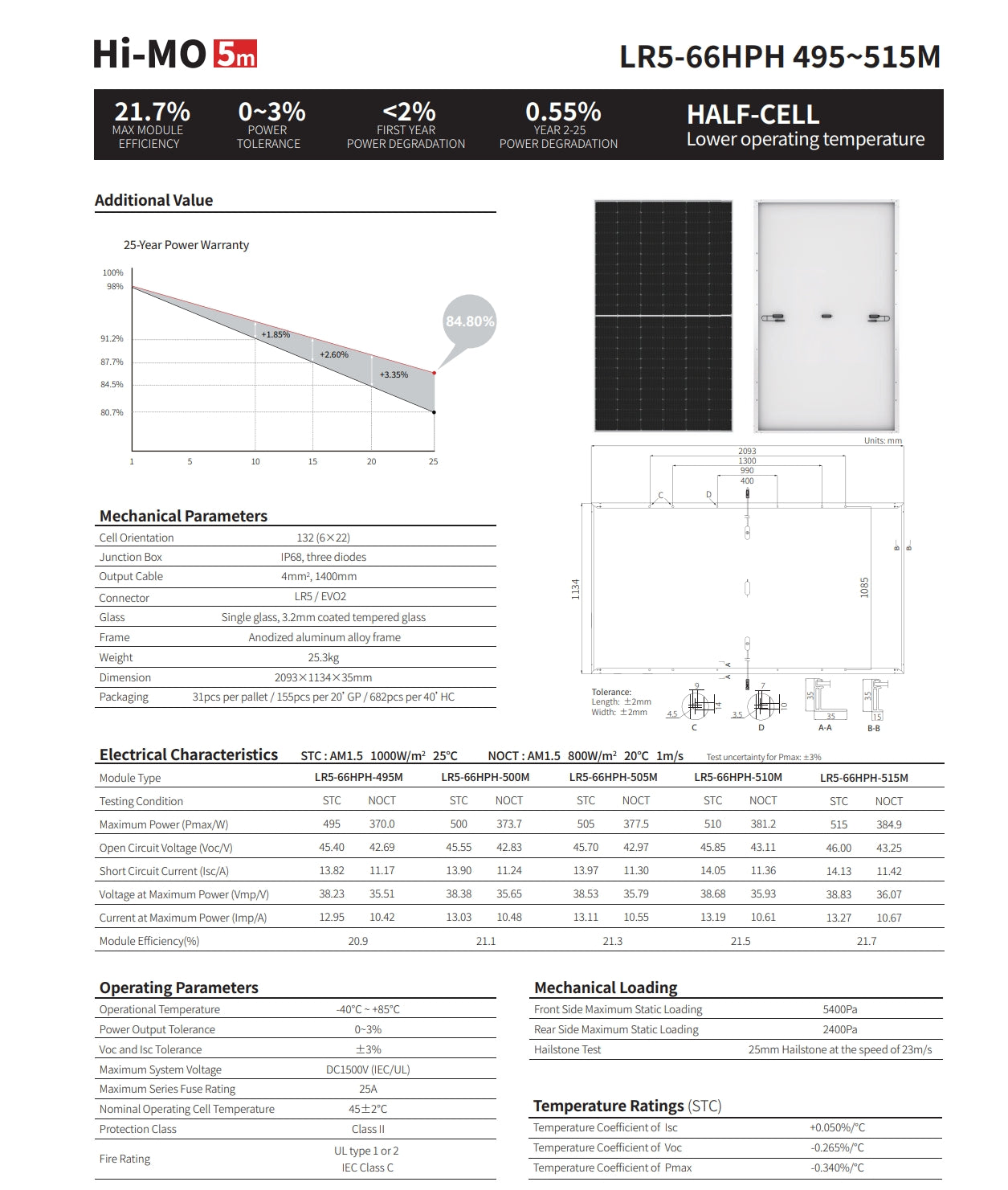 The LonGi 515W Solar Panel has high efficiency and a power output tolerance of ±3%, suitable for outdoor use.