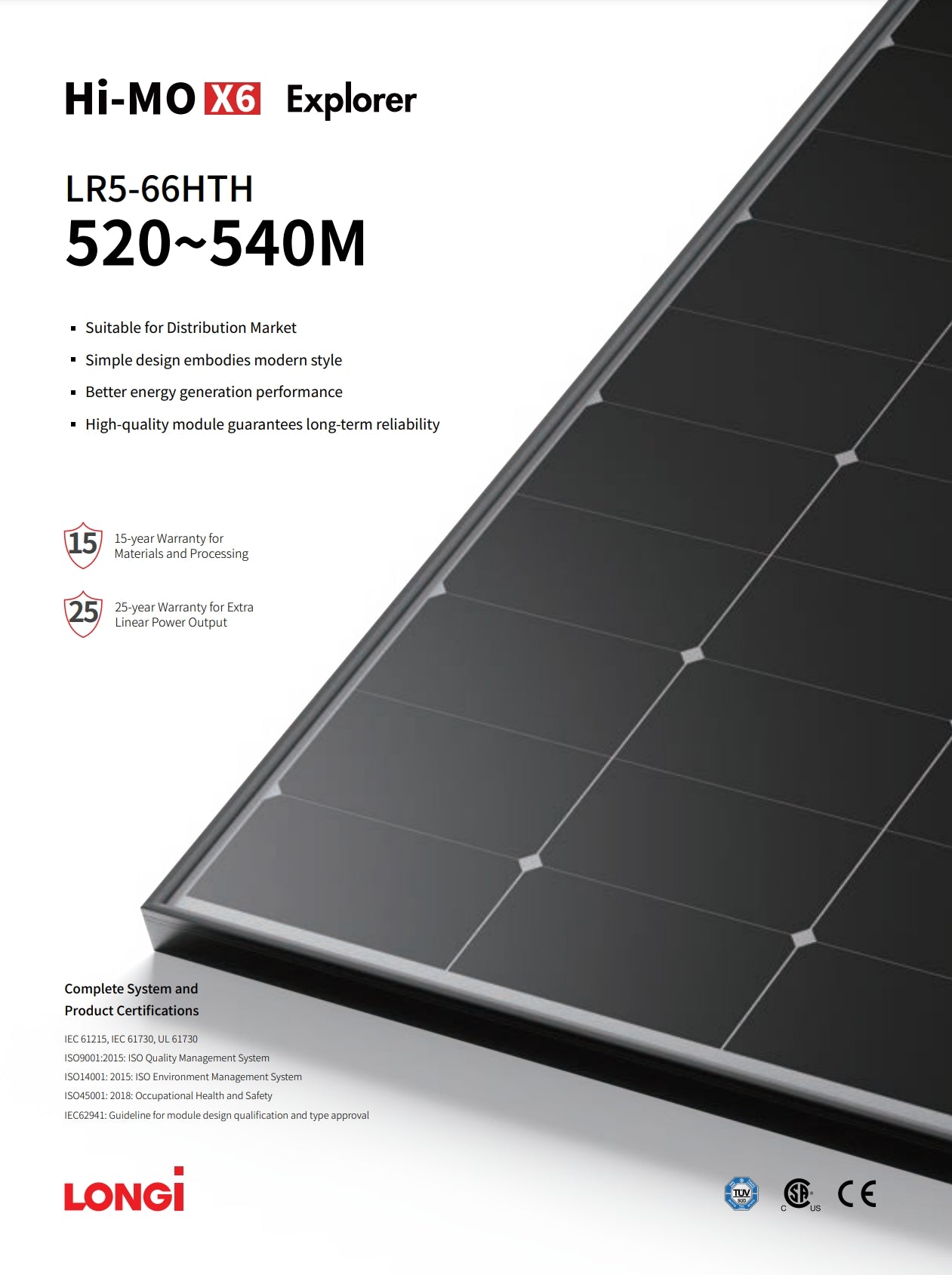 LonGi 520W Solar Panel, The Hi-MOX6 Explorer LRS-66HTH solar panel features modern design, high-quality modules, and comprehensive warranty for long-term reliability.