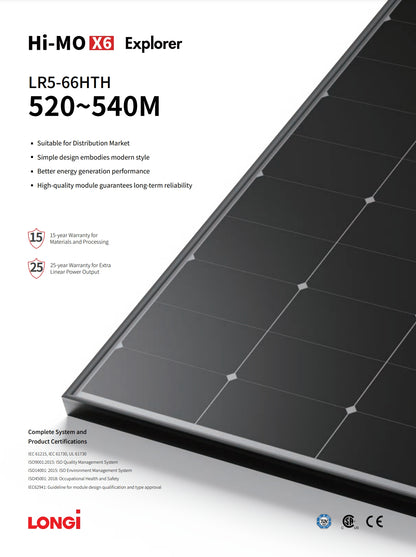 LonGi 520W Solar Panel offers high-quality performance, long-term reliability, and certifications including IEC 61215, UL 61730, and ISO standards.