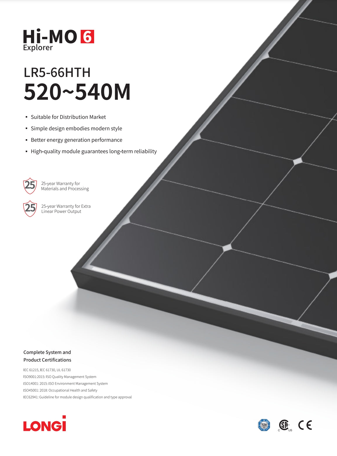 LonGi 535W Solar Panel, Solar panel with modern style, high energy generation performance, and long-term reliability, backed by certifications and warranties.