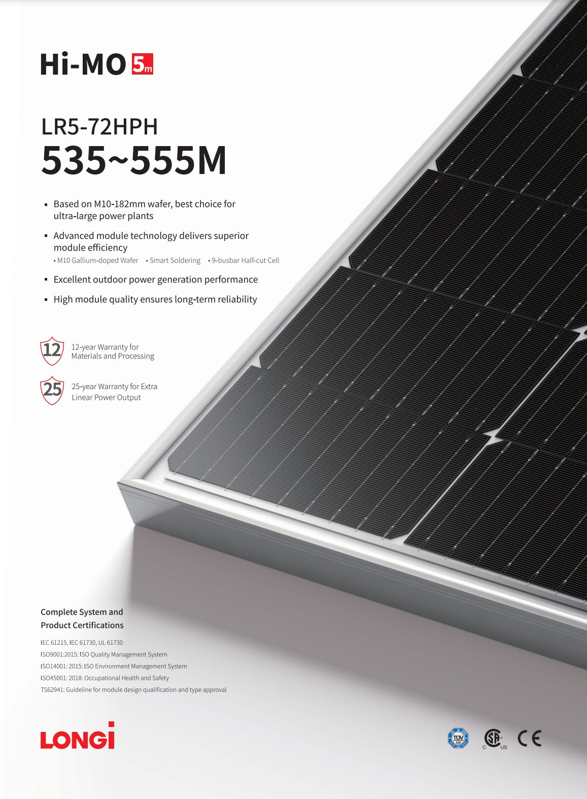 LonGi 555W Solar Panel, Longi Hi-Mo LRS-72HPH Solar Panel features advanced module technology for high efficiency and reliability, backed by 12-year warranty and 25-year power output guarantee.