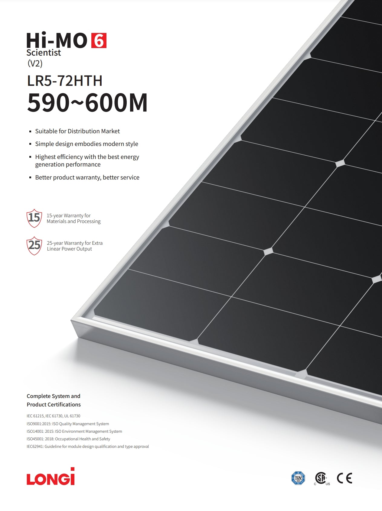 LONGi 590W Solar Panel offers modern style, high efficiency, and reliable performance with a 15-year warranty for materials and 25-year warranty for extra power output.