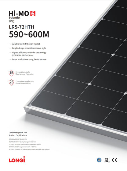 LonGi 590W Solar Panel, A simple design solar panel suitable for distribution markets, offering high efficiency and long-lasting performance.