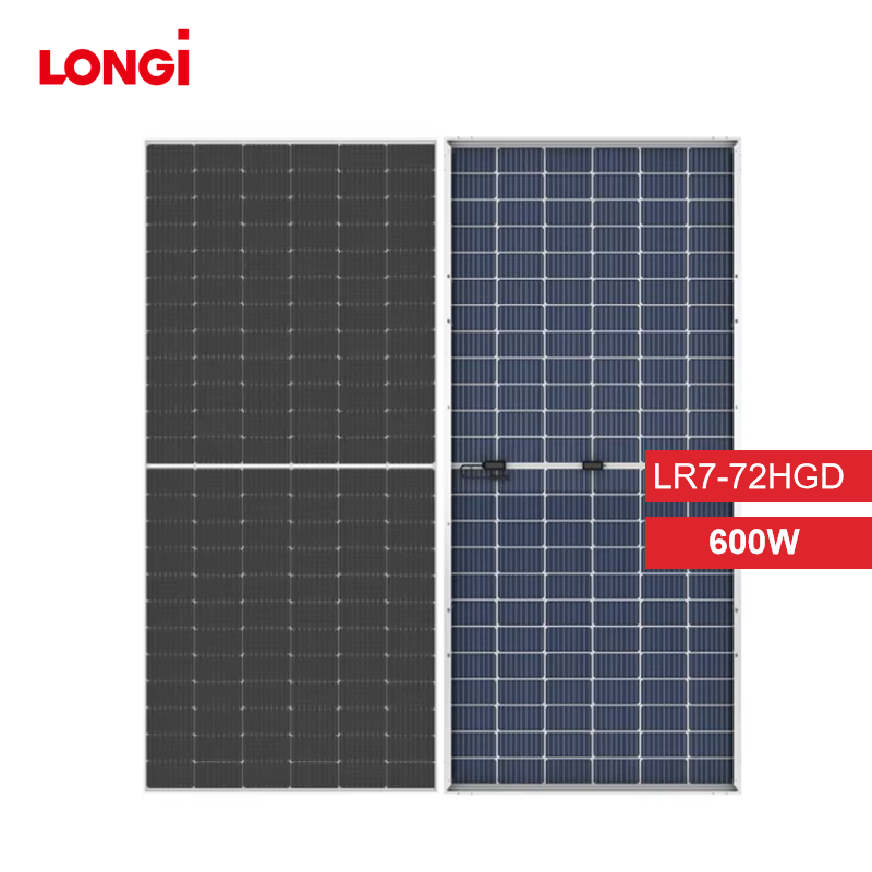 LonGi 600W Solar Panel, This product features dual glass and an anodized aluminum frame for durability and resilience.