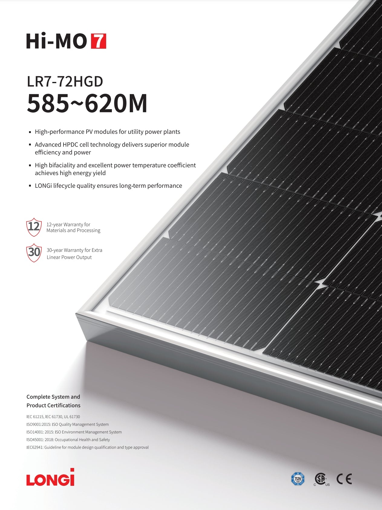 LonGi 605W Solar Panel, Longi LR7-72HGD solar panel features advanced technology for high efficiency, power, and energy yield, with 12-year material warranty and 30-year power output guarantee.