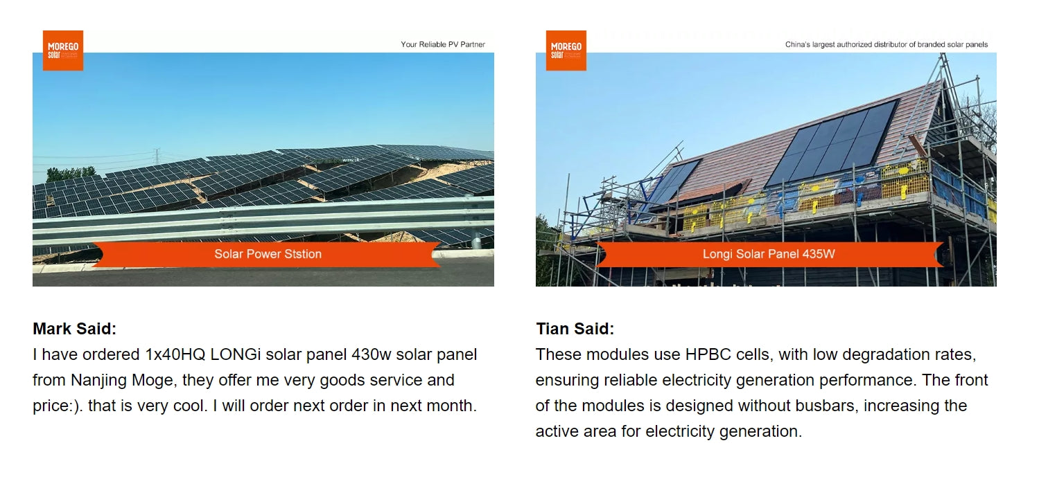LonGi 615W Solar Panel, Customer reviews LONGi Solar Panel 615W saying it uses HPBC cells with low degradation rates and offers good service.