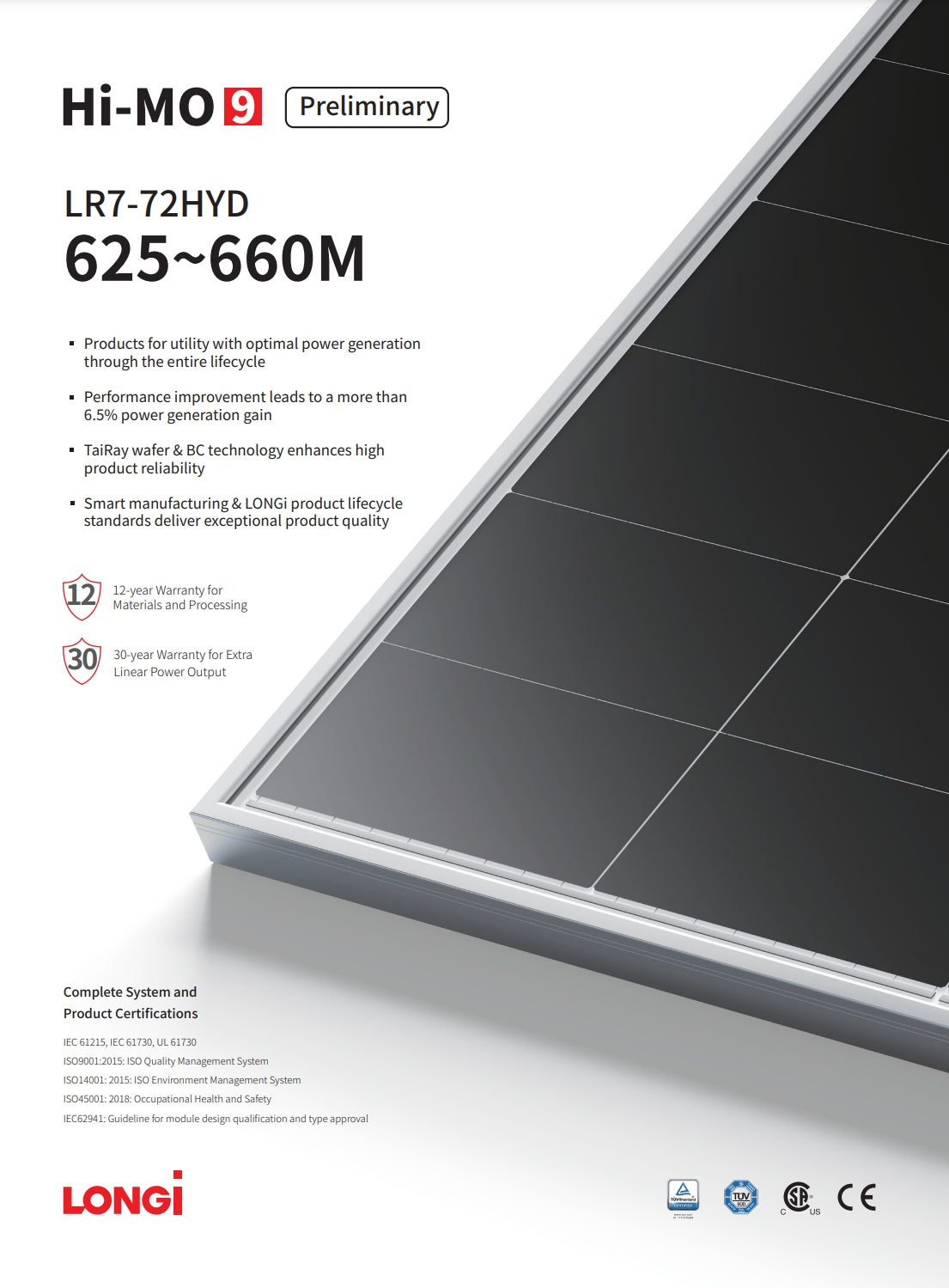 LonGi 635W Solar Panel, LONGI solar panel features optimal power generation, enhanced reliability, and certifications from multiple organizations, with a 12-year material warranty and 30-year power output guarantee.