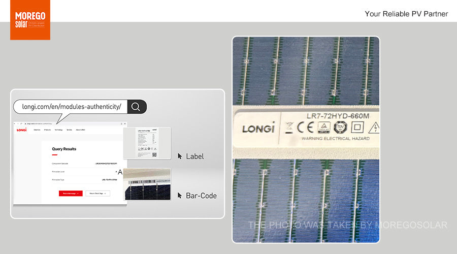 LonGi 650W Solar Panel, LONGi solar panel product information with authenticity certificate and warning label.