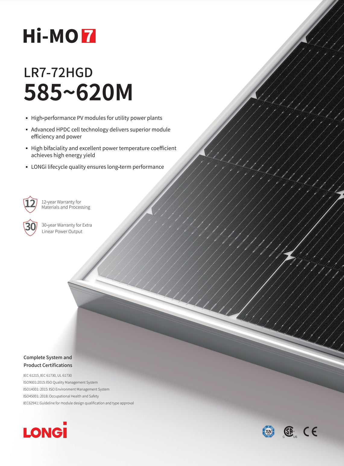 LonGi 595W Hi-Mo Bifacial Solar Panel, LONGi solar panel product image features high-performance PV module with superior efficiency, power, and energy yield, backed by quality and certifications.