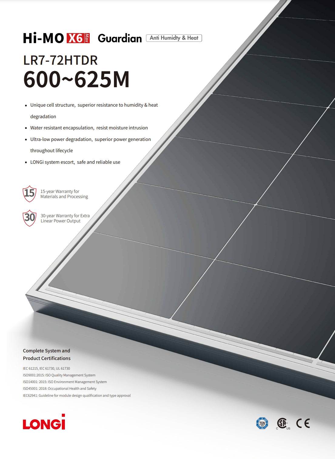 LonGi 625W Solar Panel, Longi solar panel features unique cell structure, resistant to humidity and heat degradation, with a 15-year warranty for materials and processing.