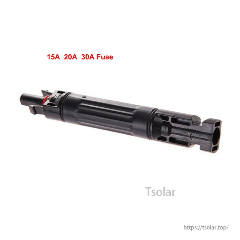 MC4 photovoltaic in-line fuse cable connector in black housing, labeled for 15A, 20A, and 30A fuses