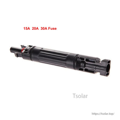 MC4 photovoltaic in-line fuse cable connector in black housing, labeled for 15A, 20A, and 30A fuses