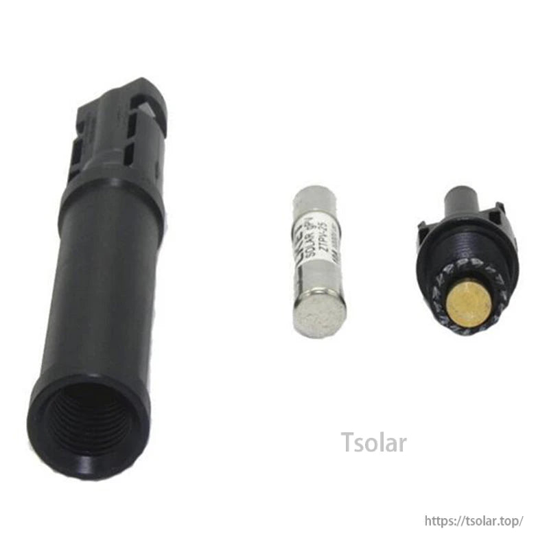 MC4 photovoltaic in-line fuse cable connector kit with black fuse holder body, end cap, and cartridge fuse