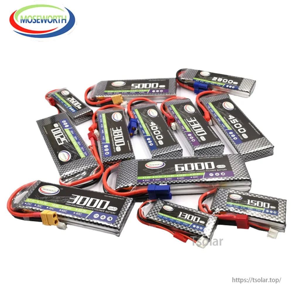 MOSEWORTH 2S 7.4V LiPo Battery, MOSEWORTH 2S 7.4V LiPo batteries offer 1500–6000mAh capacities, up to 60C discharge rates, multiple connectors, and durable packaging.