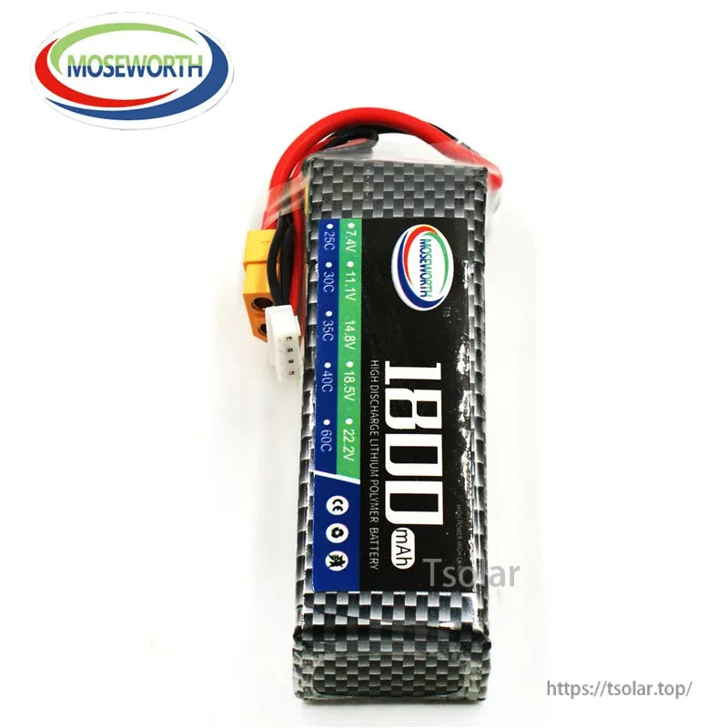 MOSEWORTH 2S 7.4V LiPo Battery, Lipo battery with 2S1P configuration, various capacity options, and different discharge rates for RC toys and vehicles.