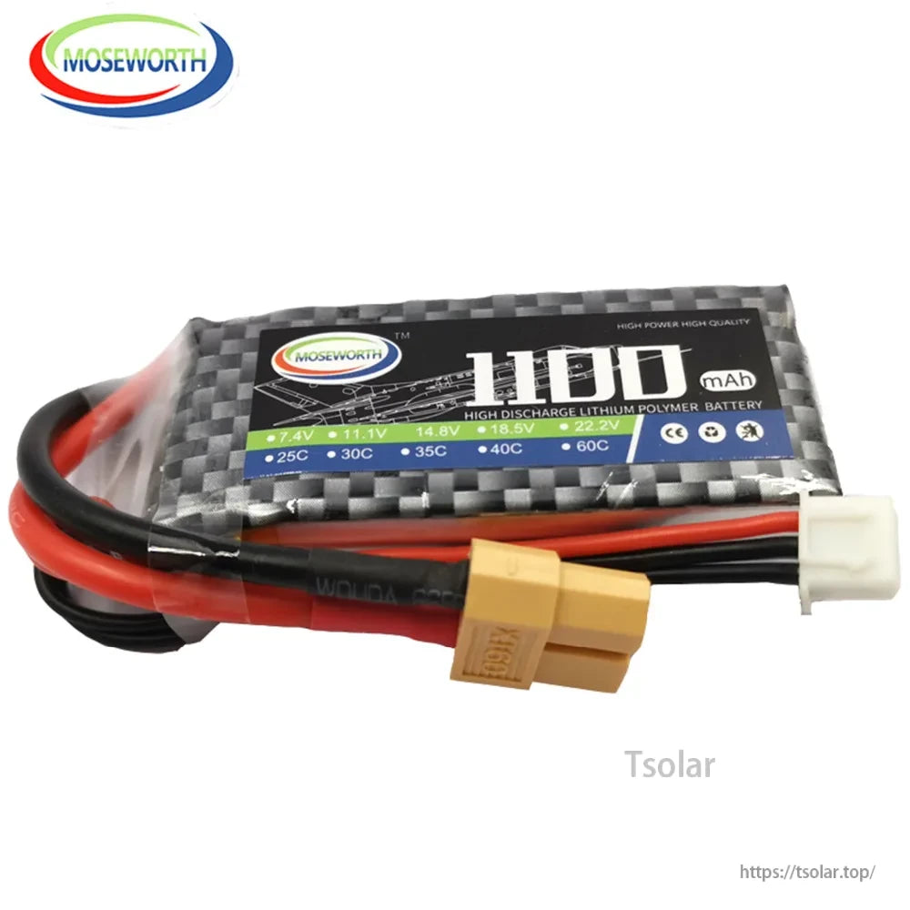MOSEWORTH 2S 7.4V LiPo Battery, 1100mAh 7.4V LiPo battery with 25C-60C discharge rate and XT60 connector, ideal for RC models. (19 words)