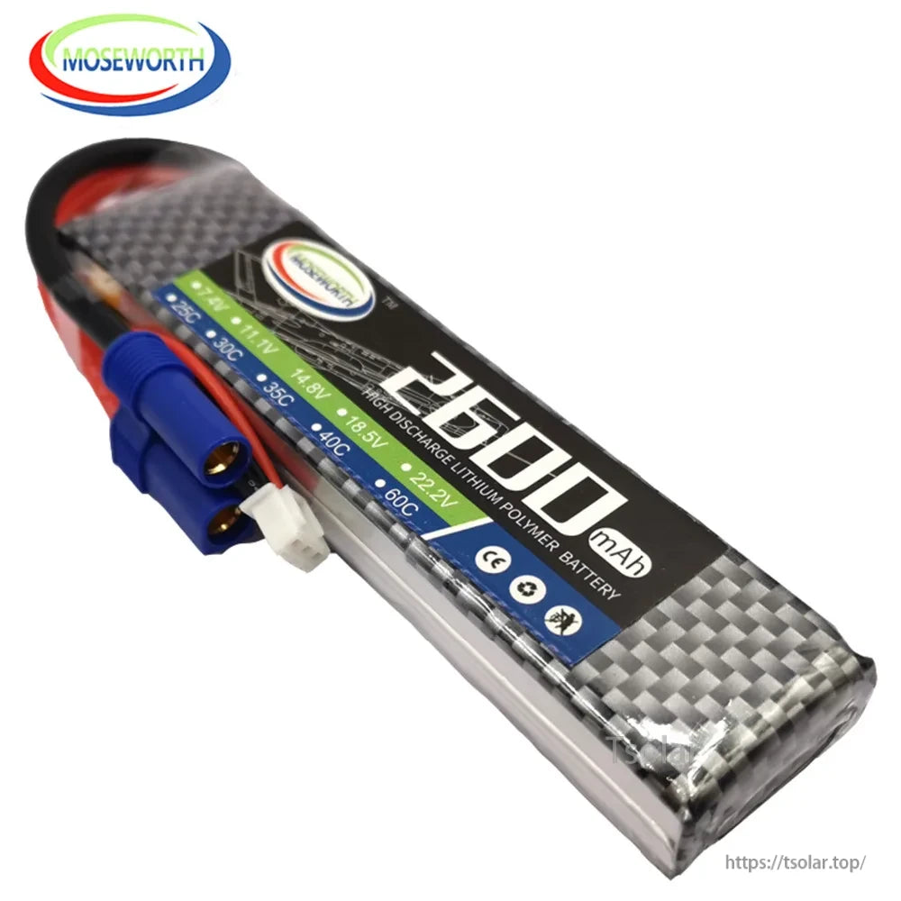 MOSEWORTH 2S 7.4V LiPo Battery, MOSEWORTH 2600mAh 7.4V LiPo battery, 2S, 25C-60C high discharge, blue connectors, carbon fiber design.