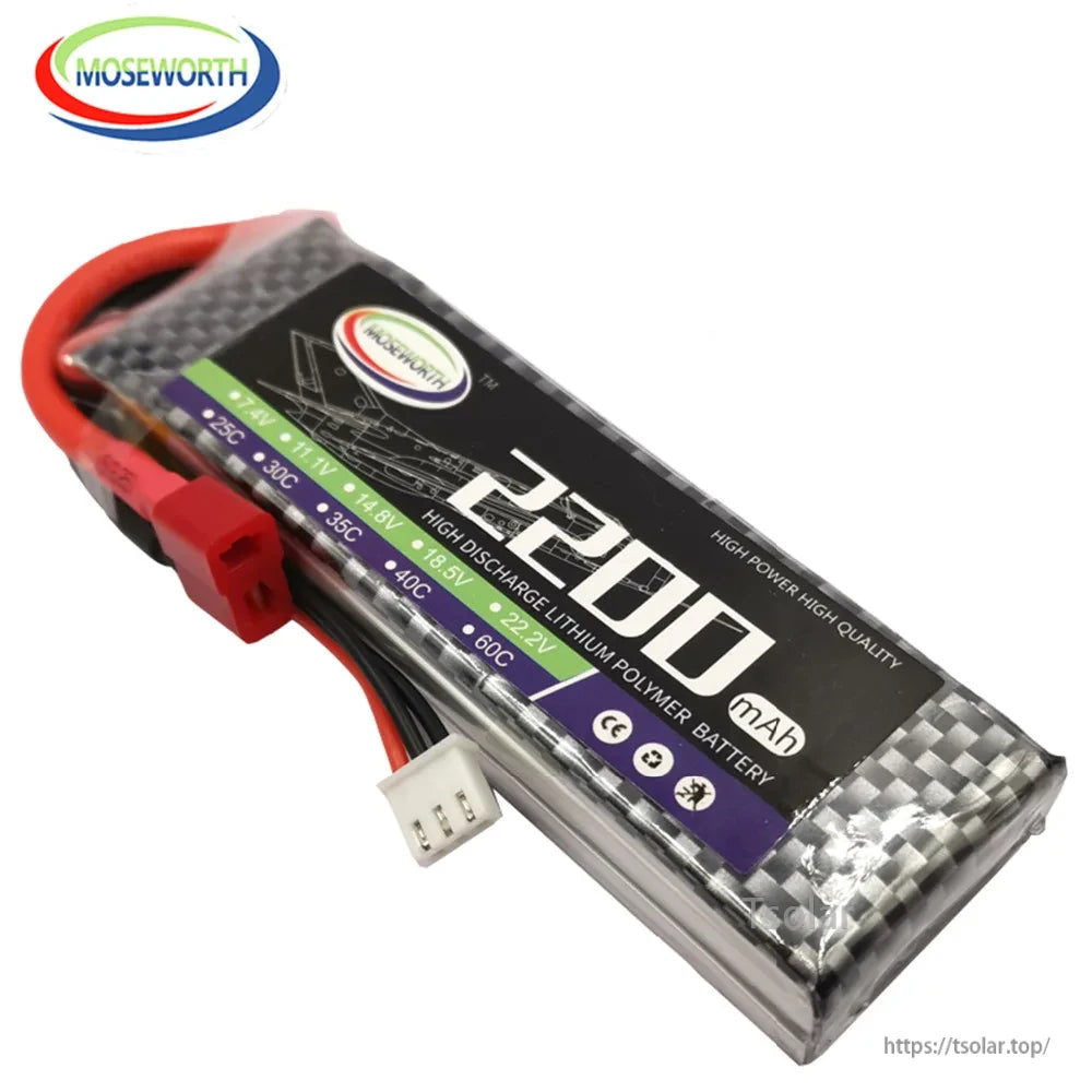 MOSEWORTH 2S 7.4V LiPo Battery, MOSEWORTH 2200mAh 7.4V LiPo battery, 30C-60C discharge, 2S, high power, CE certified, includes red and black connectors.