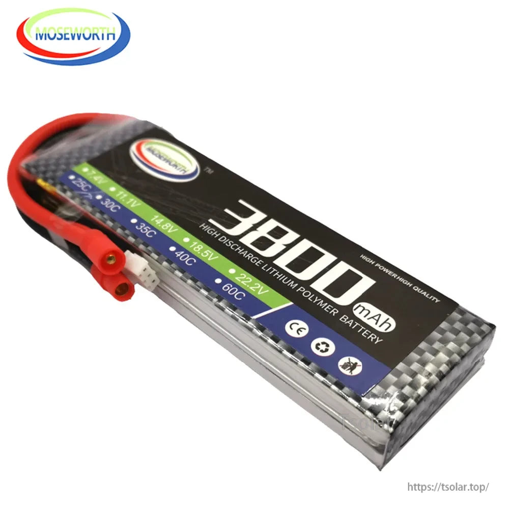 MOSEWORTH 2S 7.4V LiPo Battery, MOSEWORTH 3800mAh 7.4V 2S LiPo battery, 25C–60C discharge, CE certified, with red/black connectors and carbon fiber-like casing.