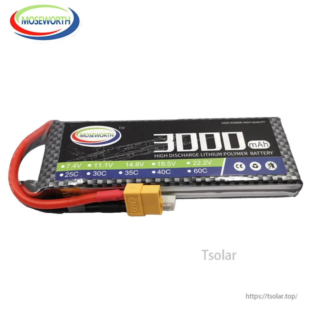 MOSEWORTH 2S 7.4V LiPo Battery, MOSEWORTH 3000mAh 7.4V 2S LiPo battery, 25C-60C high discharge, XH connector, CE certified, delivering high power and quality performance.