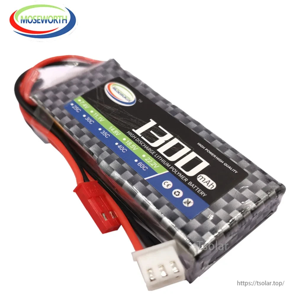 MOSEWORTH 2S 7.4V LiPo Battery, MOSEWORTH 2S 1300mAh 7.4V LiPo battery, 25C-60C high discharge, CE certified, includes red/black wires and connectors.