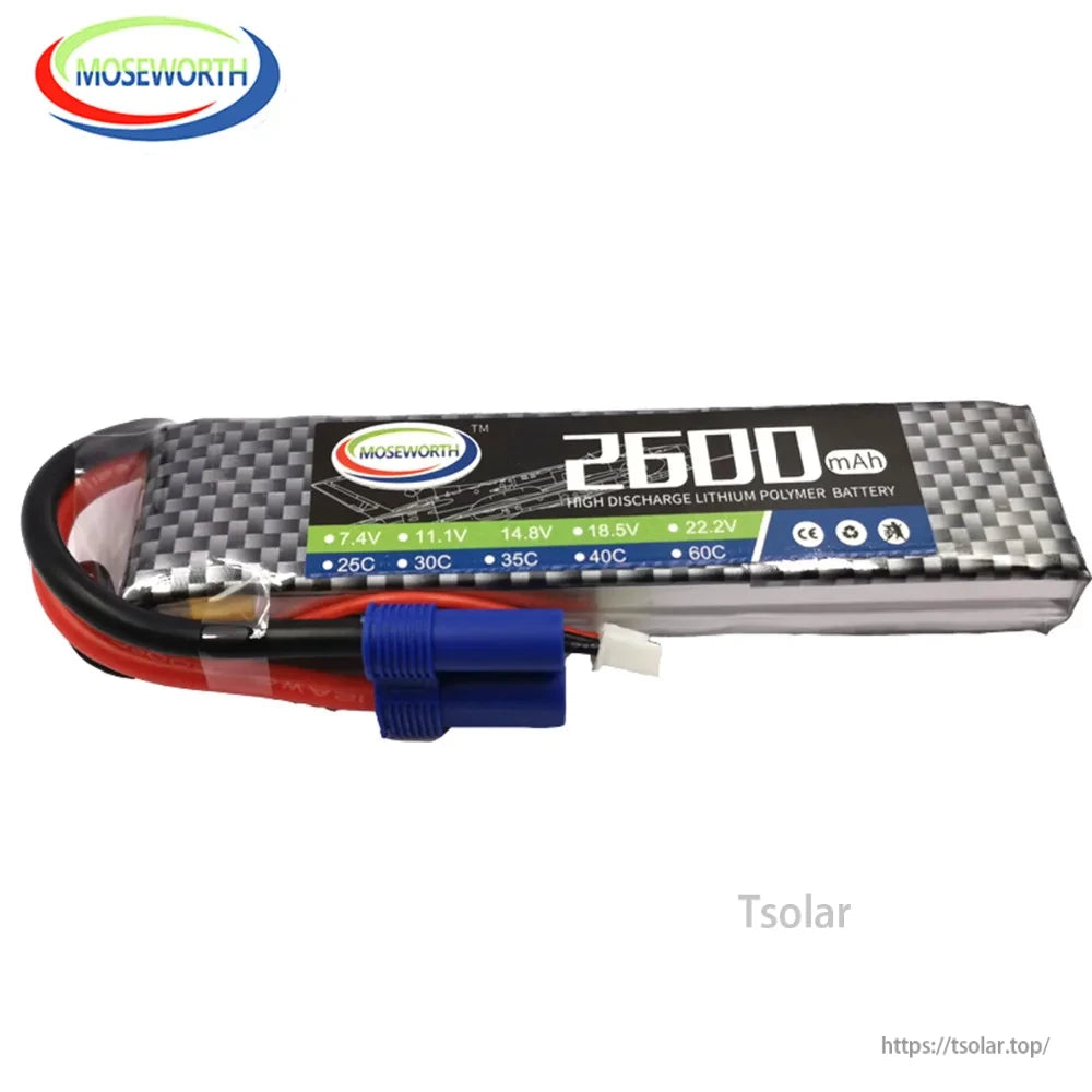 MOSEWORTH 2S 7.4V LiPo Battery, MOSEWORTH 2600mAh 7.4V LiPo battery, 25C-60C high discharge, CE certified, includes blue connector and red/black wires.