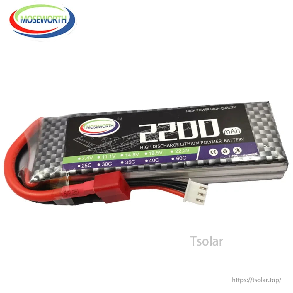 MOSEWORTH 2S 7.4V LiPo Battery, MOSEWORTH 2200mAh 7.4V LiPo battery, high discharge (25C-60C), CE certified, includes red/black wires and connector.