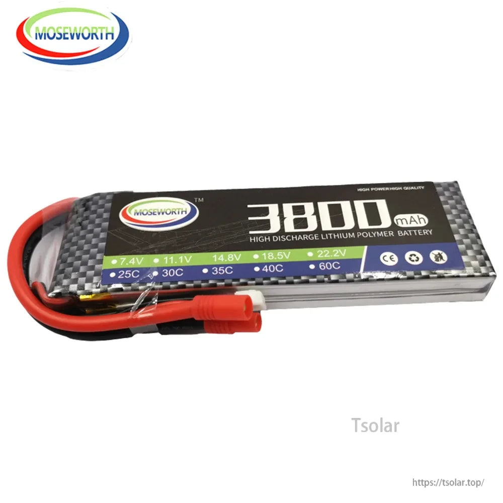 MOSEWORTH 2S 7.4V LiPo Battery, MOSEWORTH 3800mAh 7.4V LiPo battery features 25C high discharge, CE certification, carbon fiber design, and red/black wires with connectors.