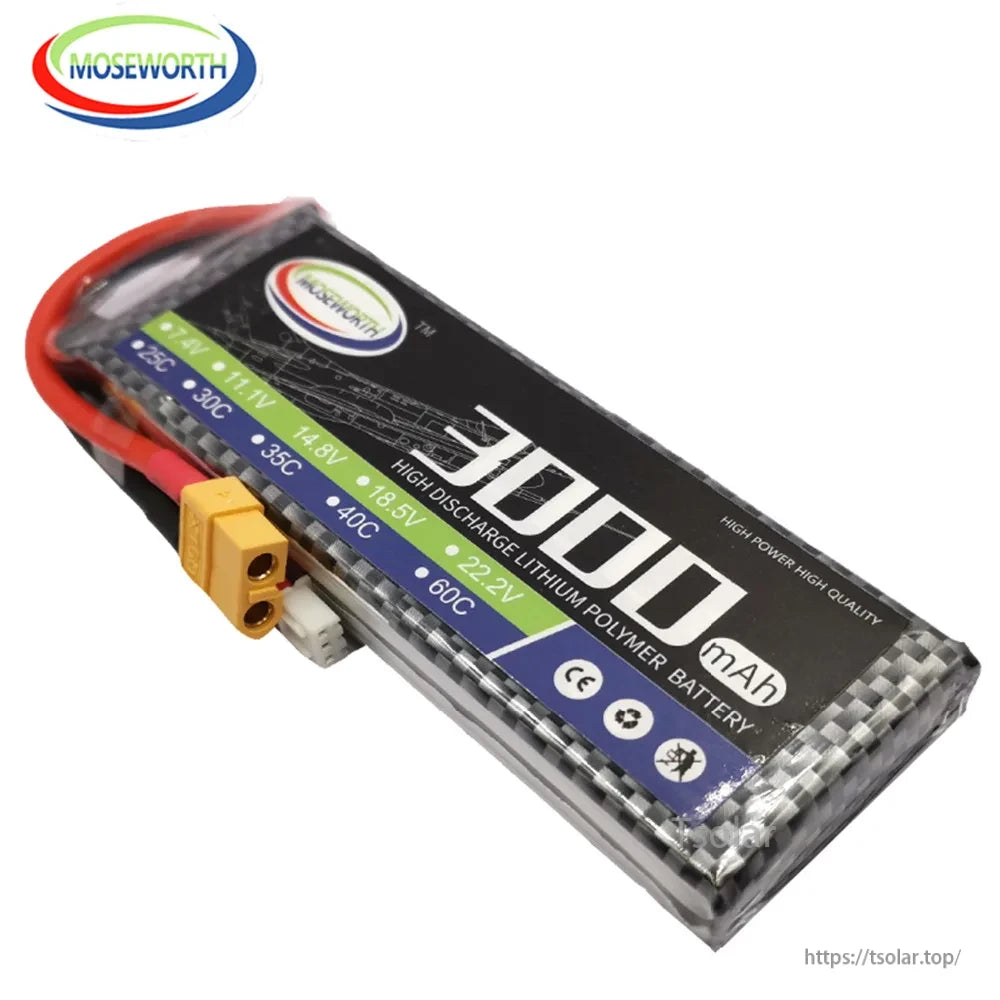 MOSEWORTH 2S 7.4V LiPo Battery, MOSEWORTH 3000mAh 7.4V LiPo battery, 2S, 25C-60C high discharge, CE certified, high power and quality, includes yellow connector and red wire.