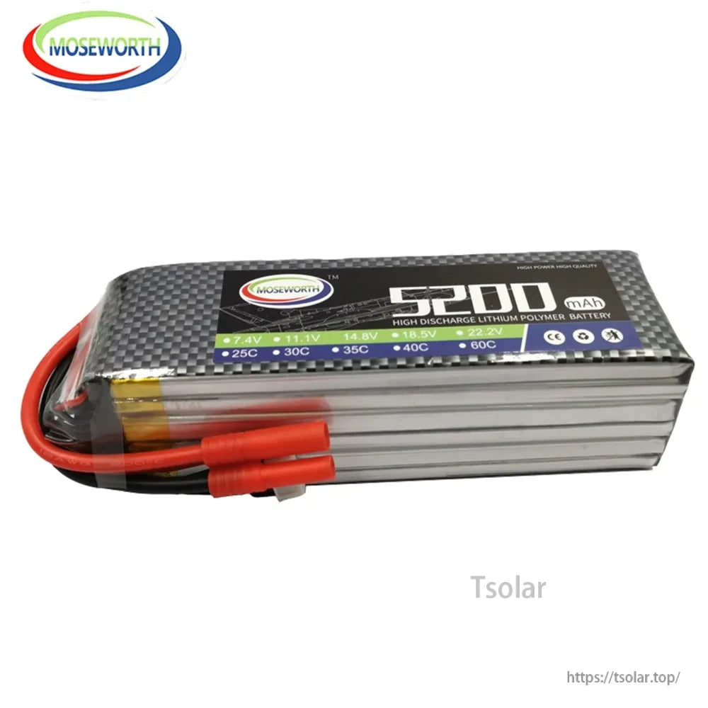 MOSEWORTH LiPo Battery, MOSEWORTH 5200mAh LiPo battery, 7.4V-22.2V, 25C-60C discharge rate, CE certified for high-performance applications.