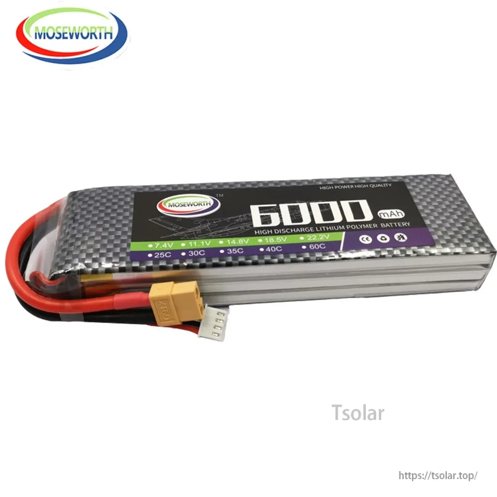 MOSEWORTH LiPo Battery, MOSEWORTH 6000mAh LiPo battery, 7.4V-22.2V, 25C-60C discharge, XH connector, CE certified for safe, high-performance power.