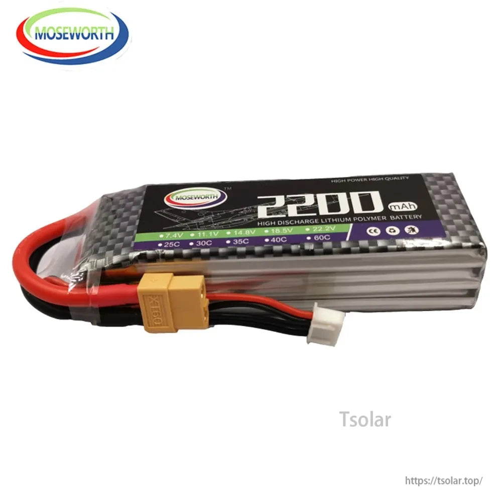 MOSEWORTH LiPo Battery, MOSEWORTH 2200mAh LiPo battery, 7.4V-22.2V, high discharge 25C-60C, with XT60 plug, ideal for RC models and high-performance devices.